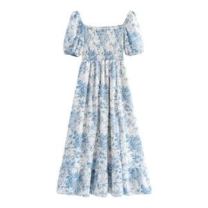 Floral Blue and White Smocked Dress